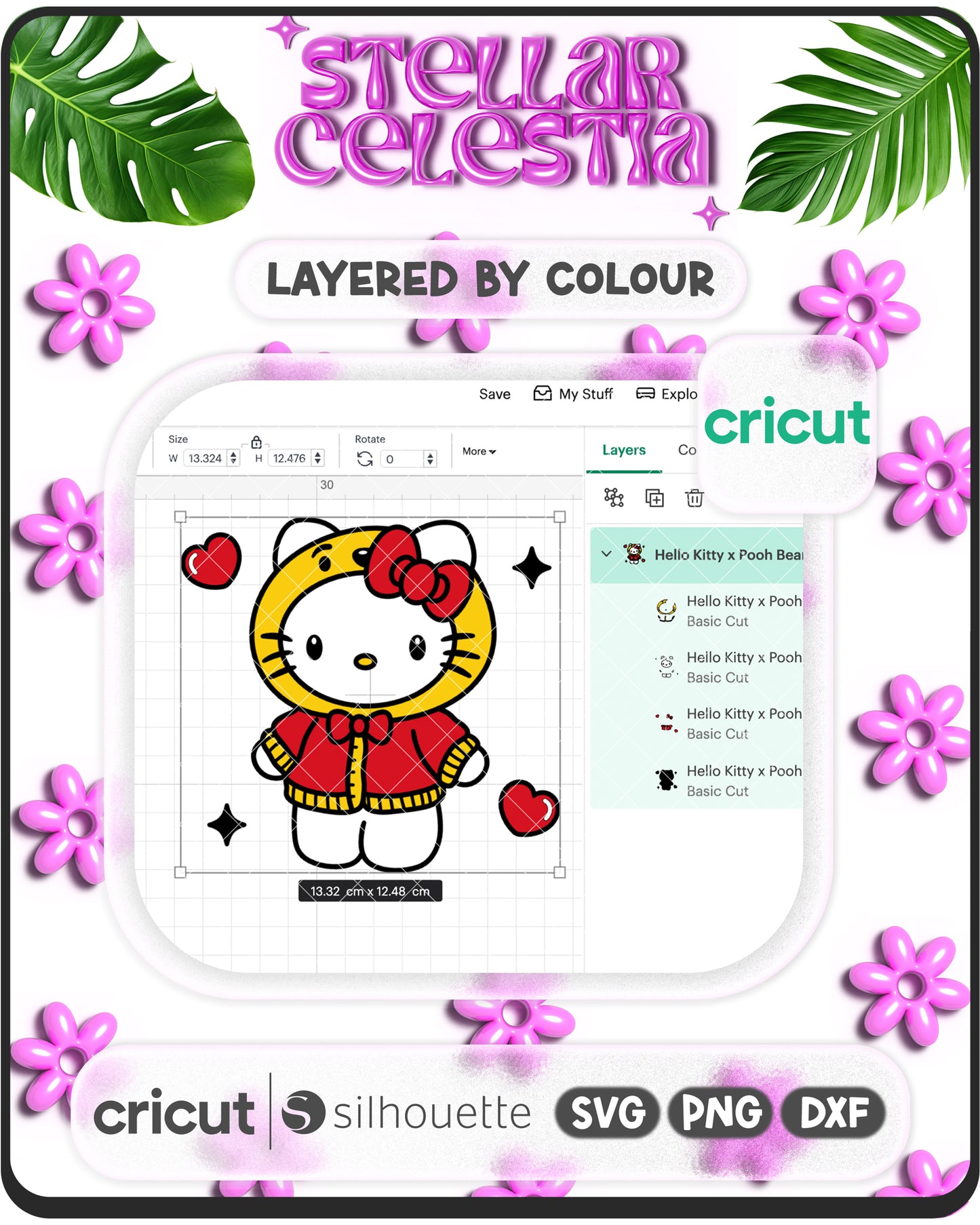 02 - Kawaii Kitty x Pooh Bear Valentine’s Day SVG - Layered Hello Kitty Sanrio & Pooh Bear Cut File for Cricut/Silhouette, Digital Download (SVG/PNG)