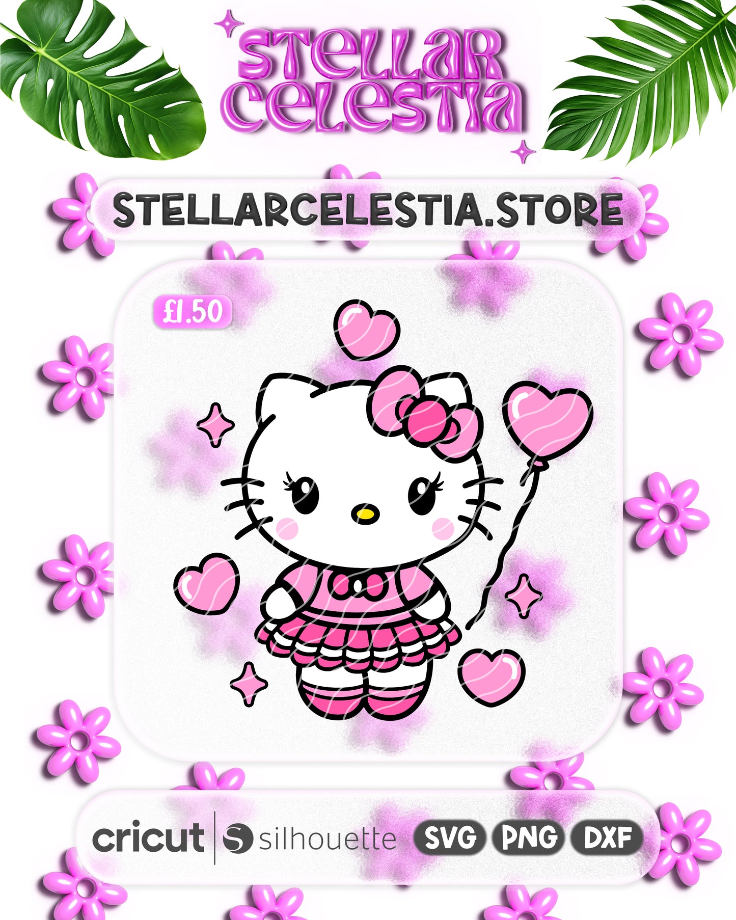 09 - Kawaii Kitty Valentine’s Day SVG - Layered Hello Kitty Sanrio Holding Heart Balloon Cut File for Cricut/Silhouette, Digital Download (SVG/PNG)