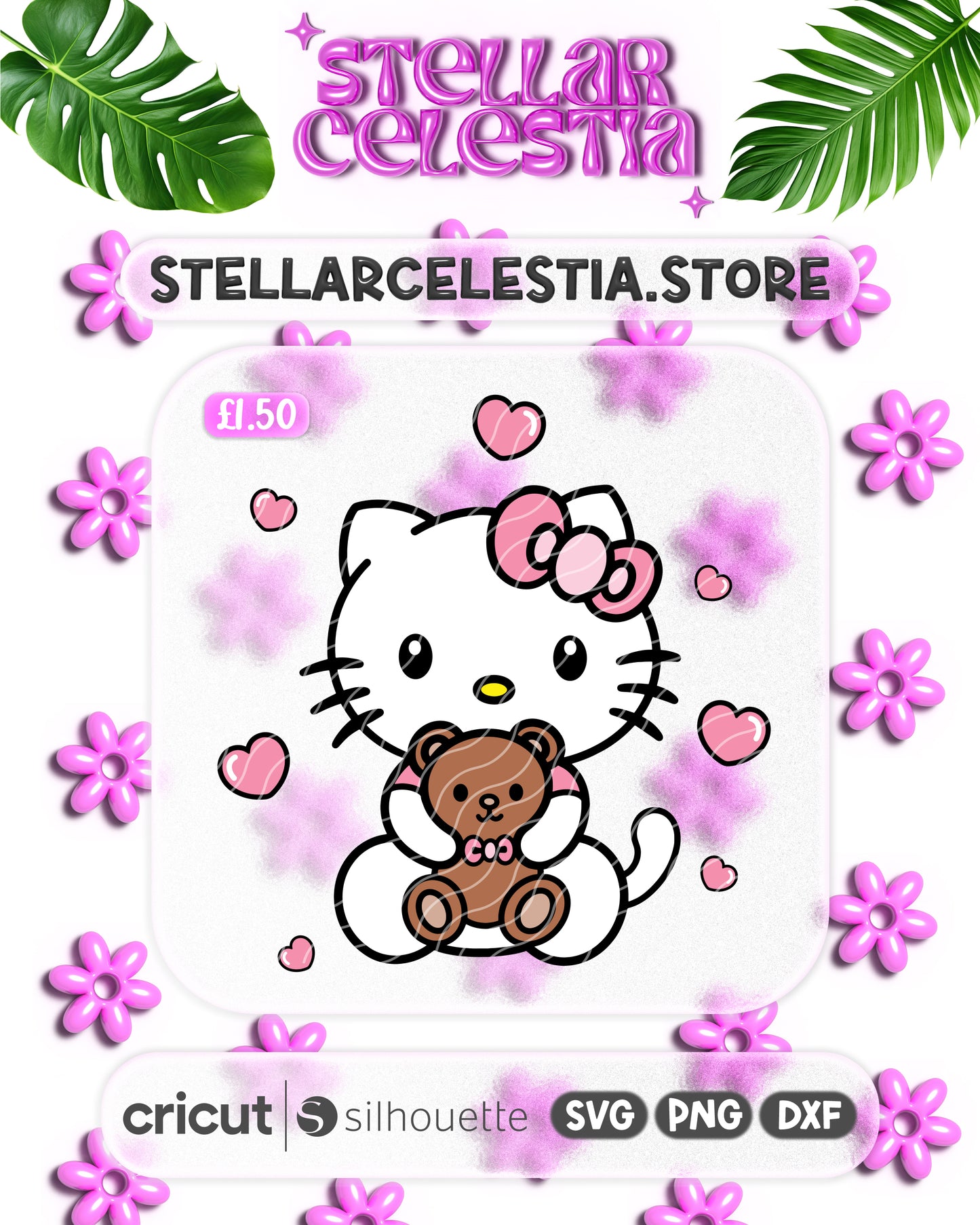 08 - Kawaii Kitty Valentine’s Day SVG - Layered Hello Kitty Sanrio Holding Cute Bear Plushie Cut File for Cricut/Silhouette, Digital Download (SVG/PNG)