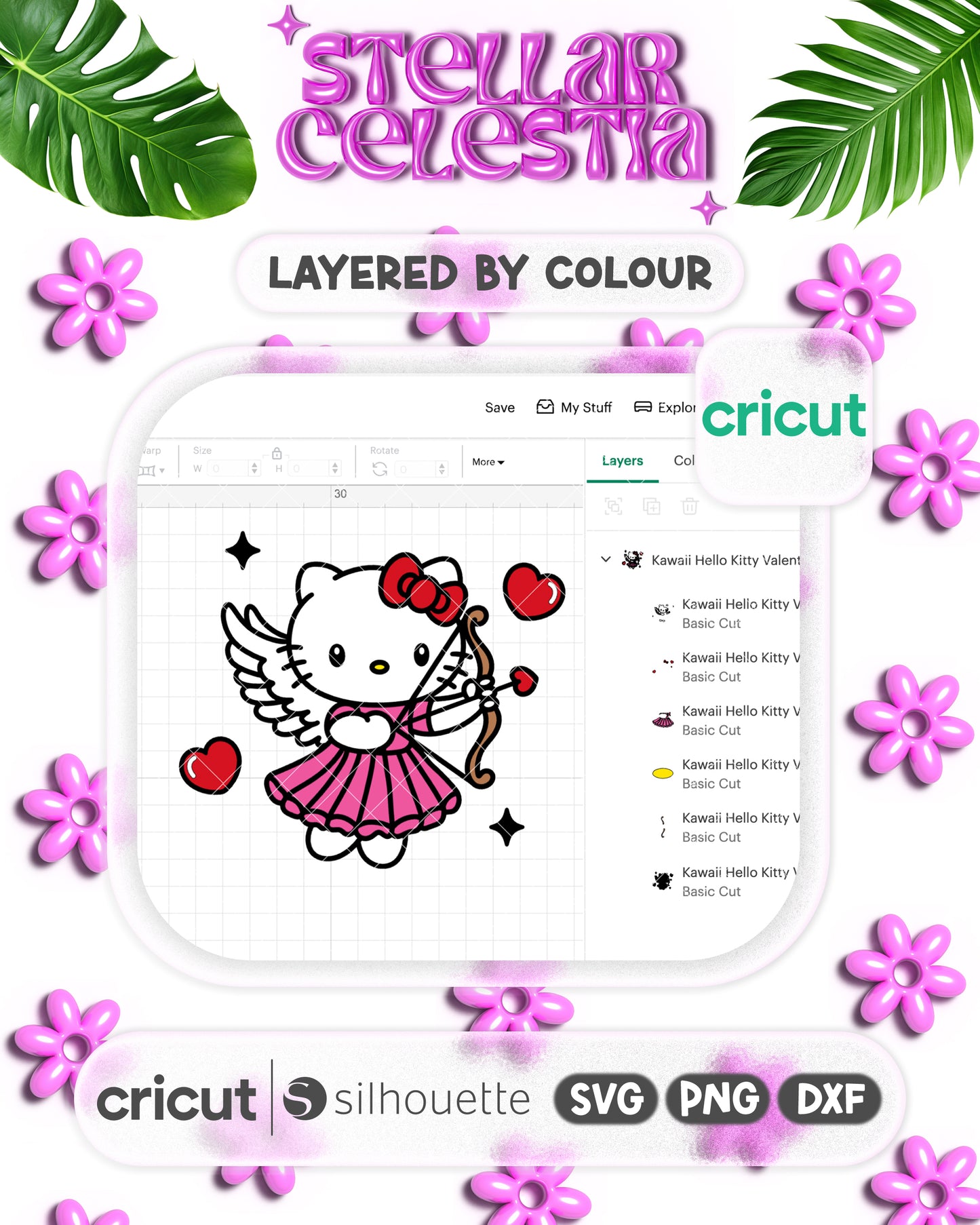 03 - Kawaii Kitty Valentine’s Day Cupid SVG - Layered Hello Kitty Sanrio with Bow & Heart Arrow Cut File for Cricut/Silhouette, Digital Download (SVG/PNG)