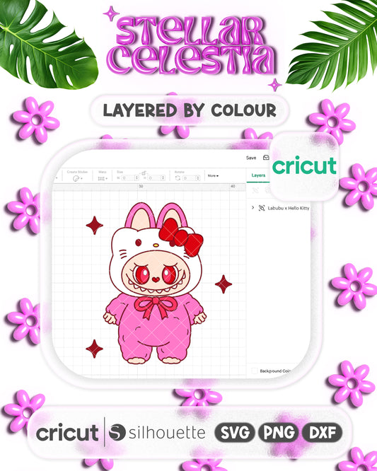 01 - LABUBU x Hello Kitty Cute Trendy Labubu Doll SVG - Layered Kawaii Kitty Sanrio x Labubu Doll Layered SVG Cut File for Cricut/Silhouette, Digital Download (SVG/PNG)