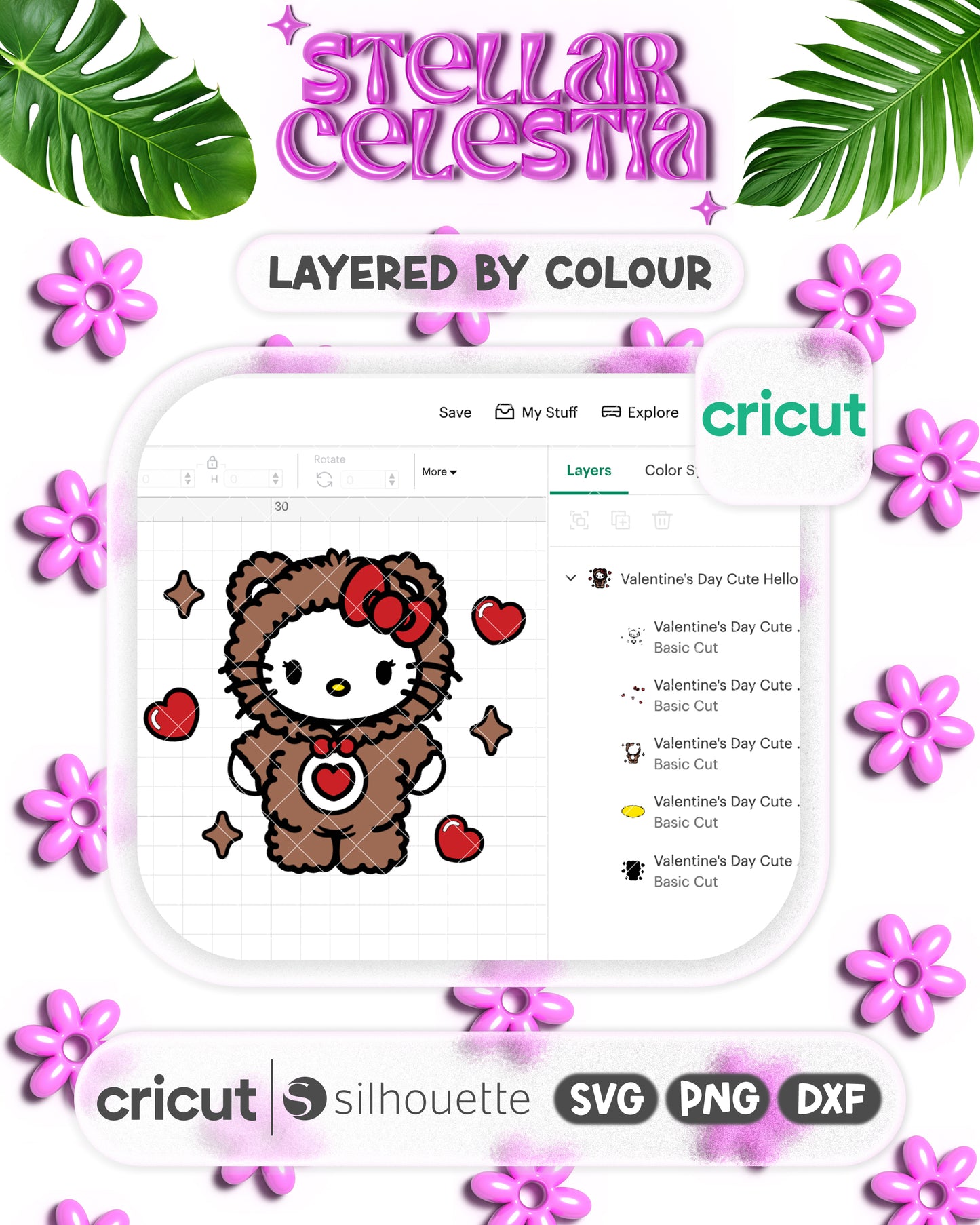 07 - Kawaii Kitty Valentine’s Day SVG - Layered Hello Kitty Sanrio in Fluffy Costume Cut File for Cricut/Silhouette, Digital Download (SVG/PNG)