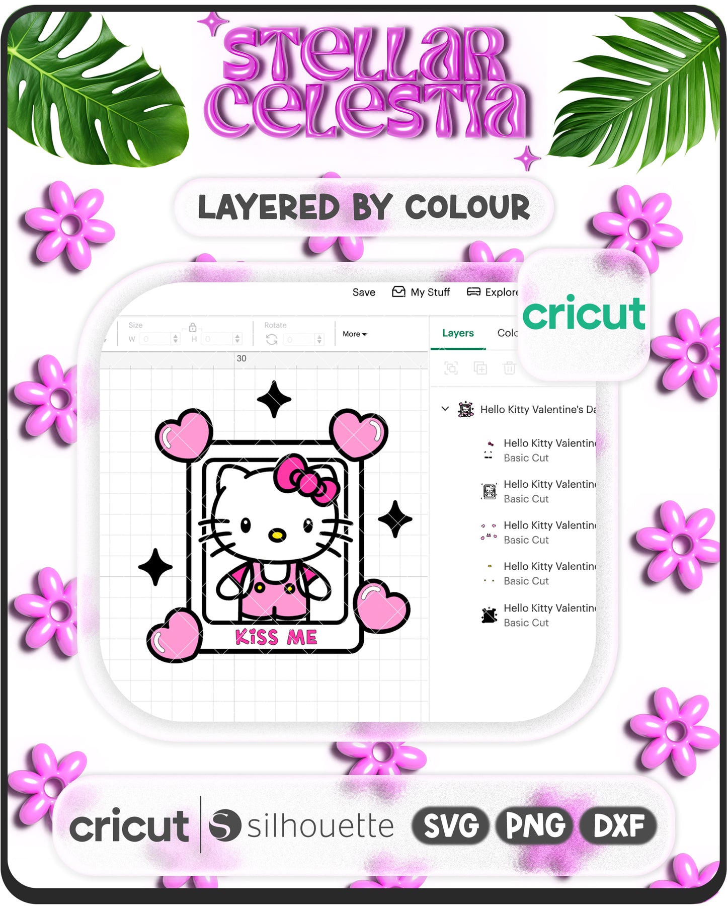 03 - Hello Kitty Kiss Me Frame Valentine’s Day SVG - Layered Kawaii Kitty Sanrio Valentine SVG Cut File for Cricut/Silhouette, Digital Download (SVG/PNG)