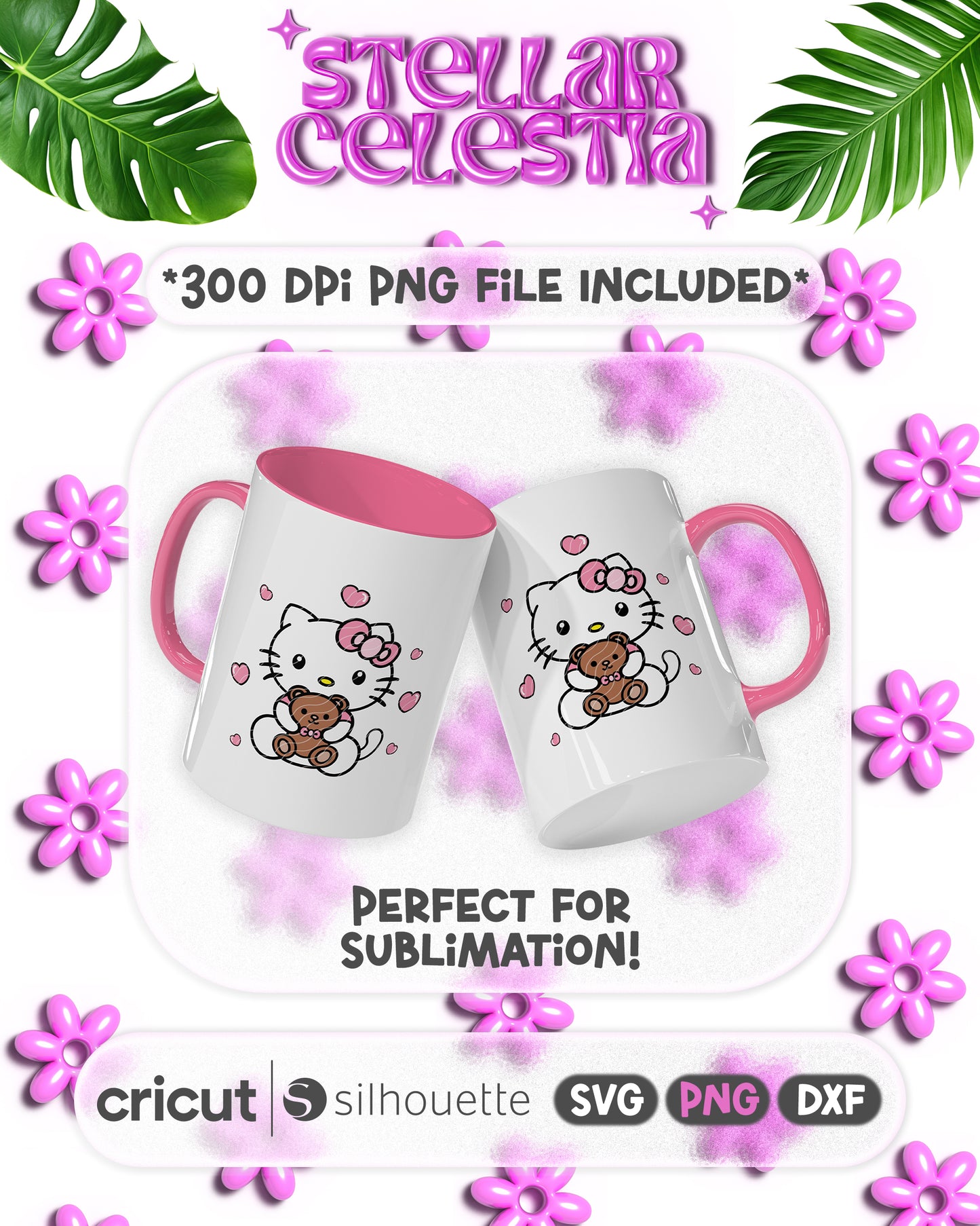 08 - Kawaii Kitty Valentine’s Day SVG - Layered Hello Kitty Sanrio Holding Cute Bear Plushie Cut File for Cricut/Silhouette, Digital Download (SVG/PNG)